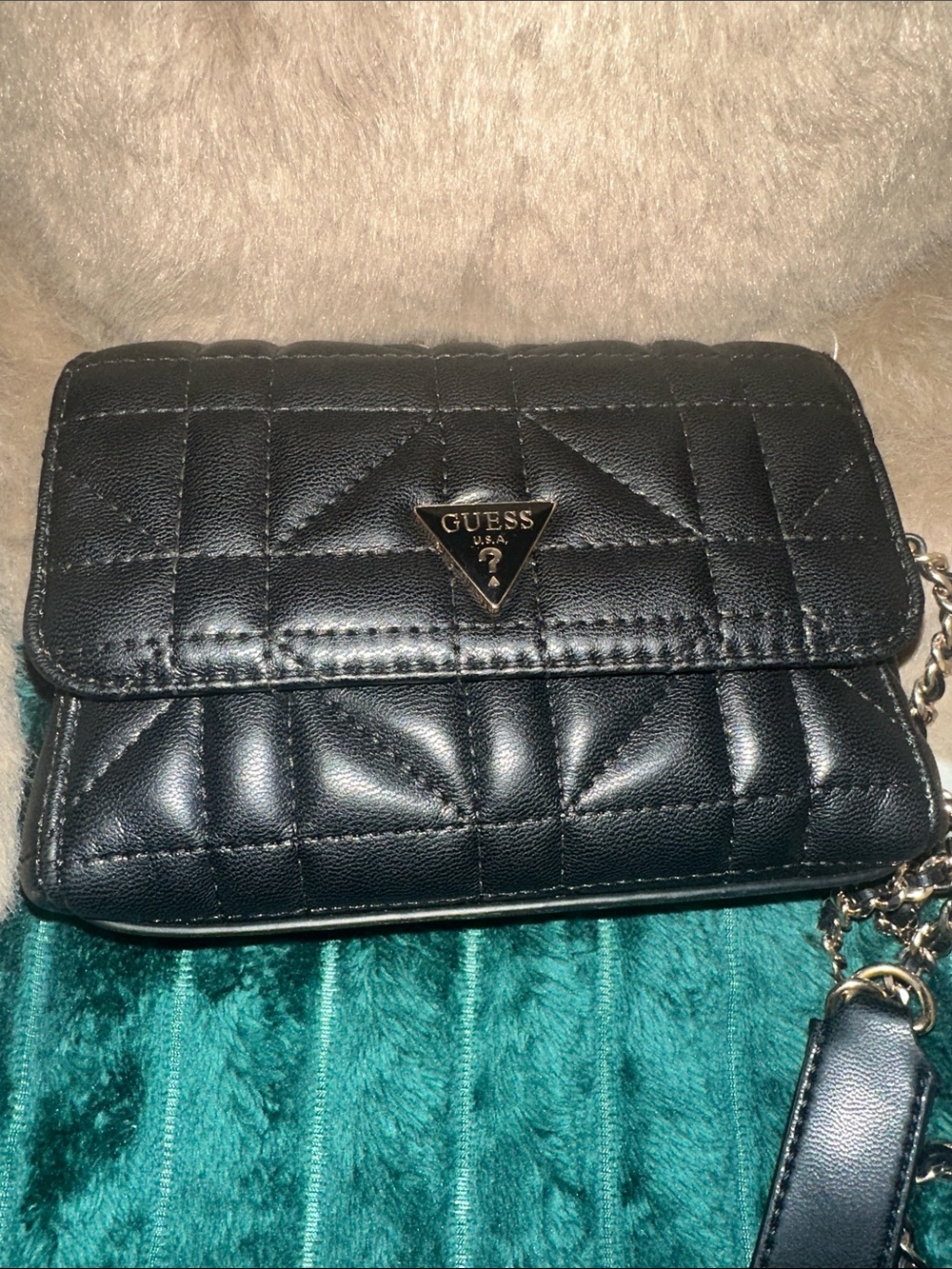 Guess Black Quilted Mini Crossbody with Gold Triangle Logo
